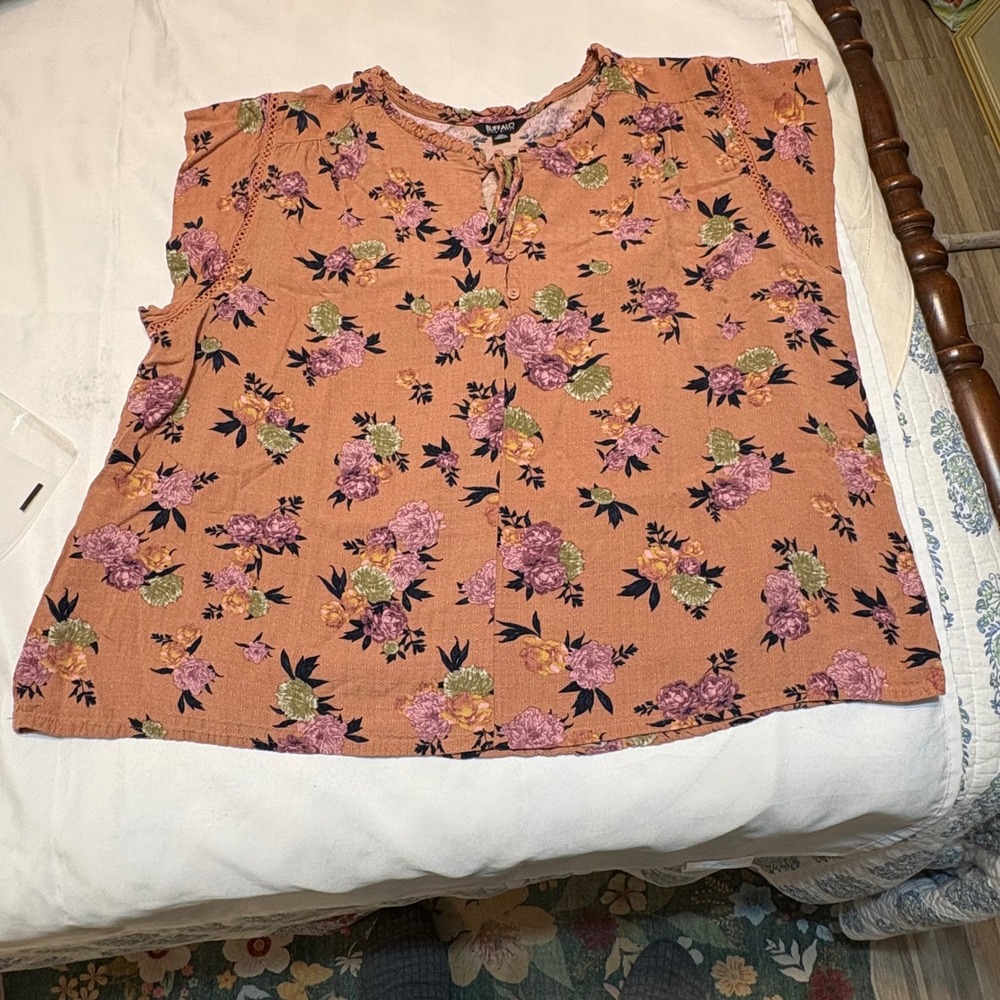 Buffalo David Bitton Womens XXL Floral Blouse Terracotta Pink Boho Crochet Top